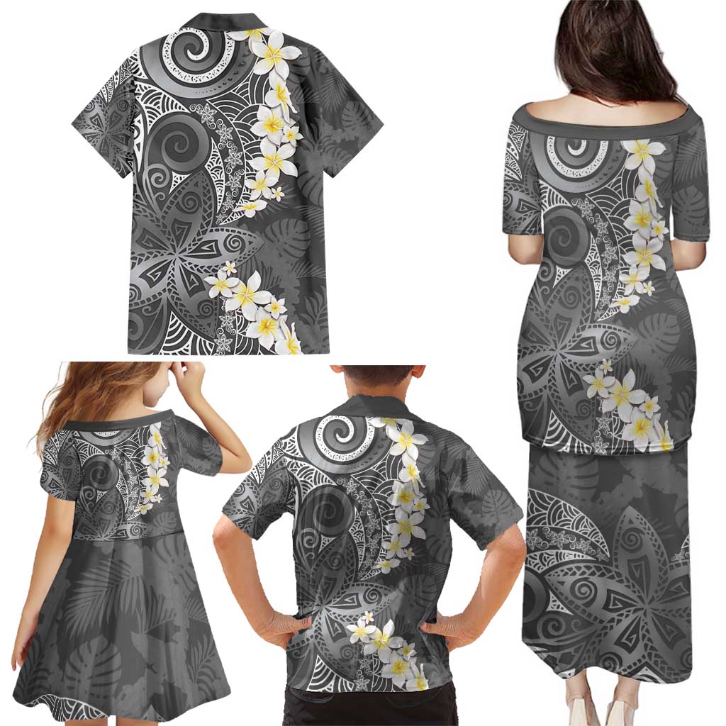 Gray Polynesian Tribal Frangipani Tropical Vibe Family Matching Puletasi and Hawaiian Shirt