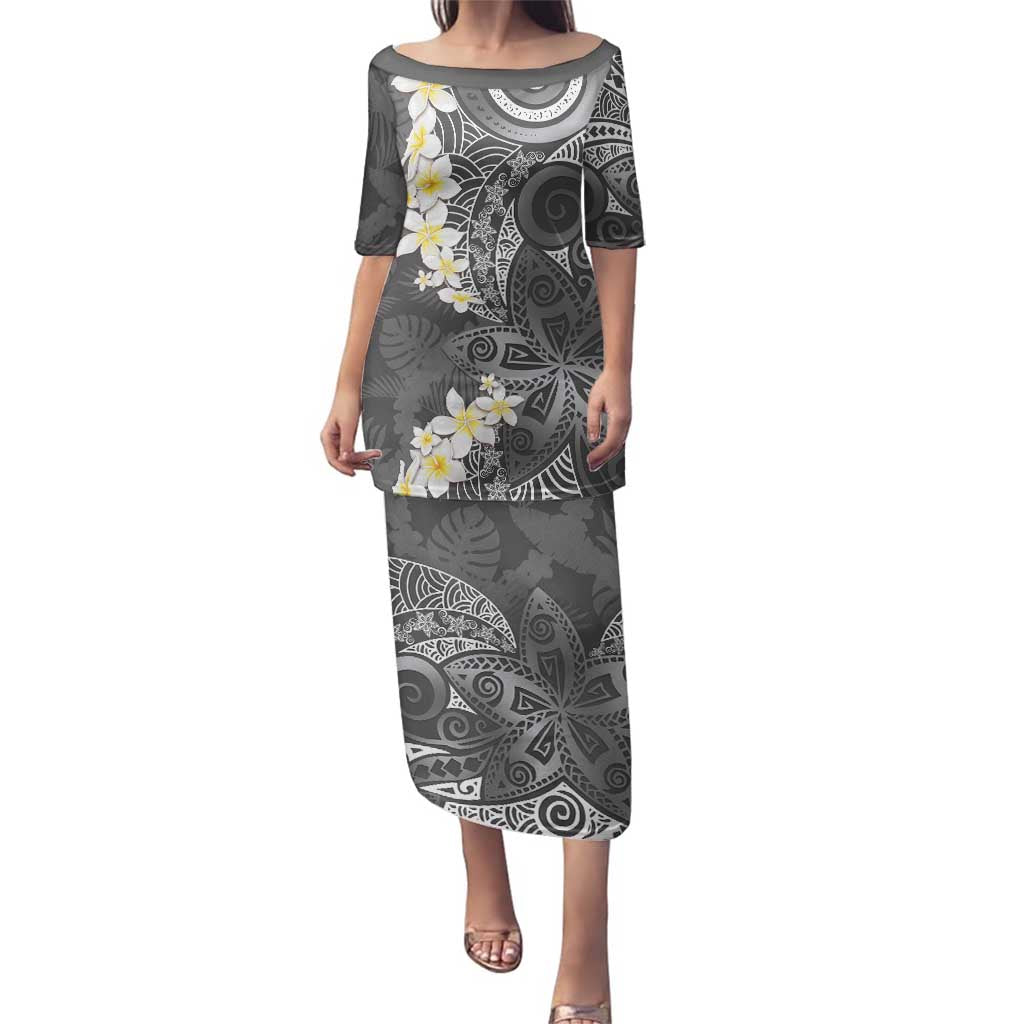 Gray Polynesian Tribal Frangipani Tropical Vibe Family Matching Puletasi and Hawaiian Shirt