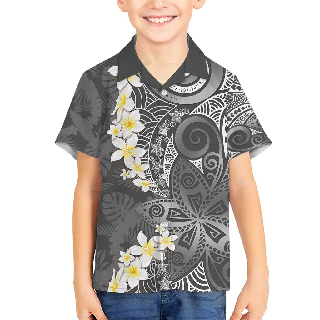 Gray Polynesian Tribal Frangipani Tropical Vibe Family Matching Short Sleeve Bodycon Dress and Hawaiian Shirt