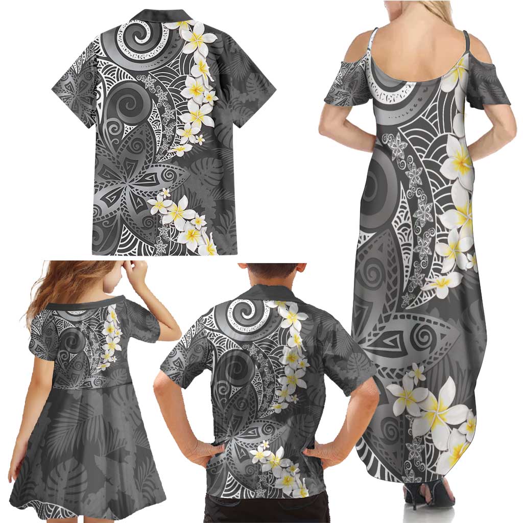 Gray Polynesian Tribal Frangipani Tropical Vibe Family Matching Summer Maxi Dress and Hawaiian Shirt