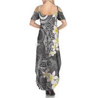 Gray Polynesian Tribal Frangipani Tropical Vibe Family Matching Summer Maxi Dress and Hawaiian Shirt