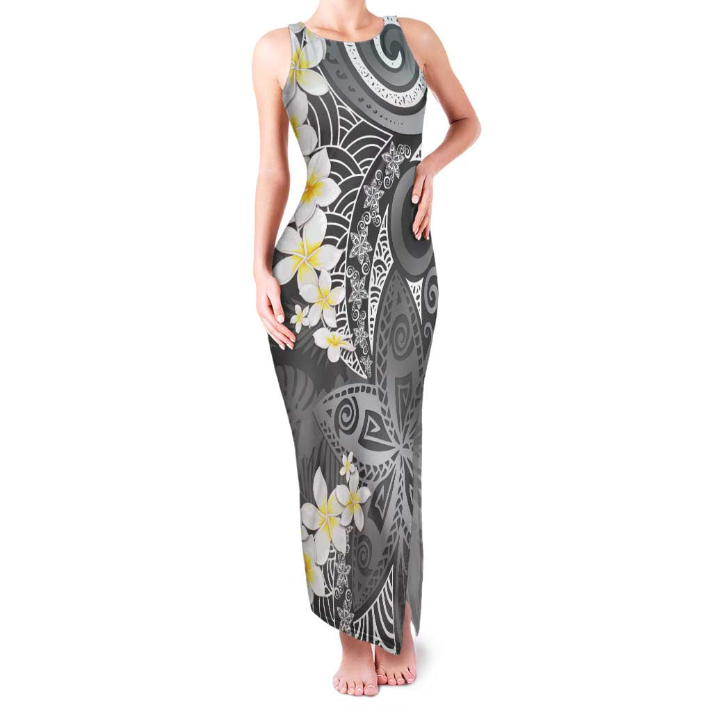 Gray Polynesian Tribal Frangipani Tropical Vibe Family Matching Tank Maxi Dress and Hawaiian Shirt