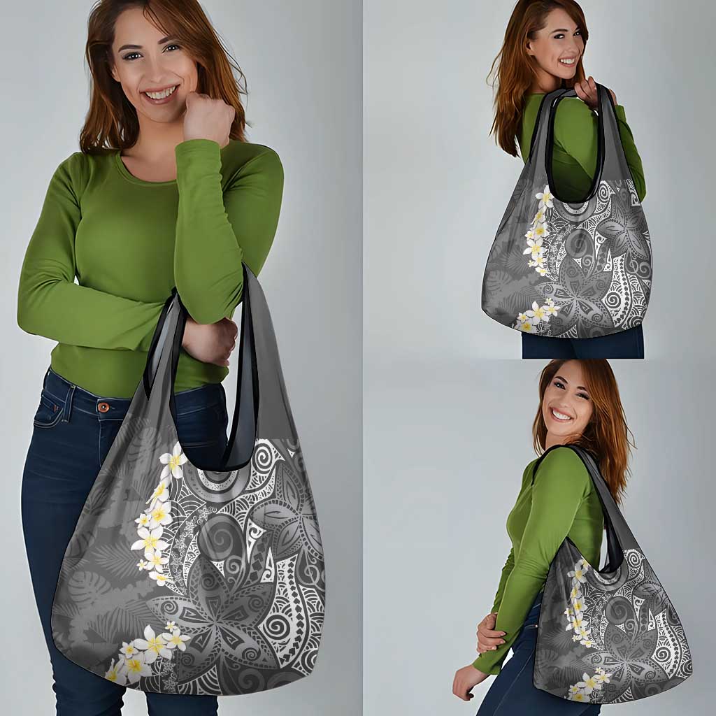 Gray Polynesian Tribal Frangipani Tropical Vibe Grocery Bag