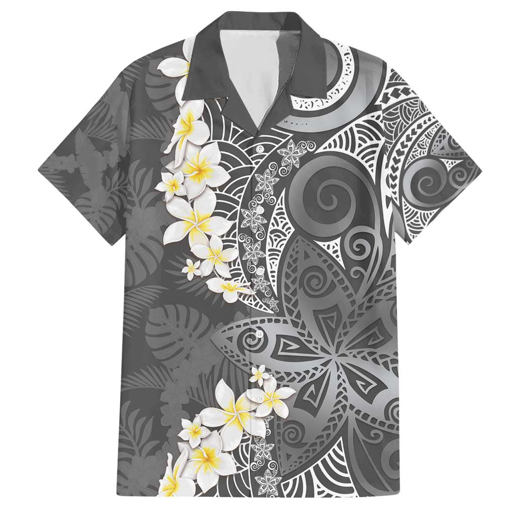 Gray Polynesian Tribal Frangipani Tropical Vibe Hawaiian Shirt