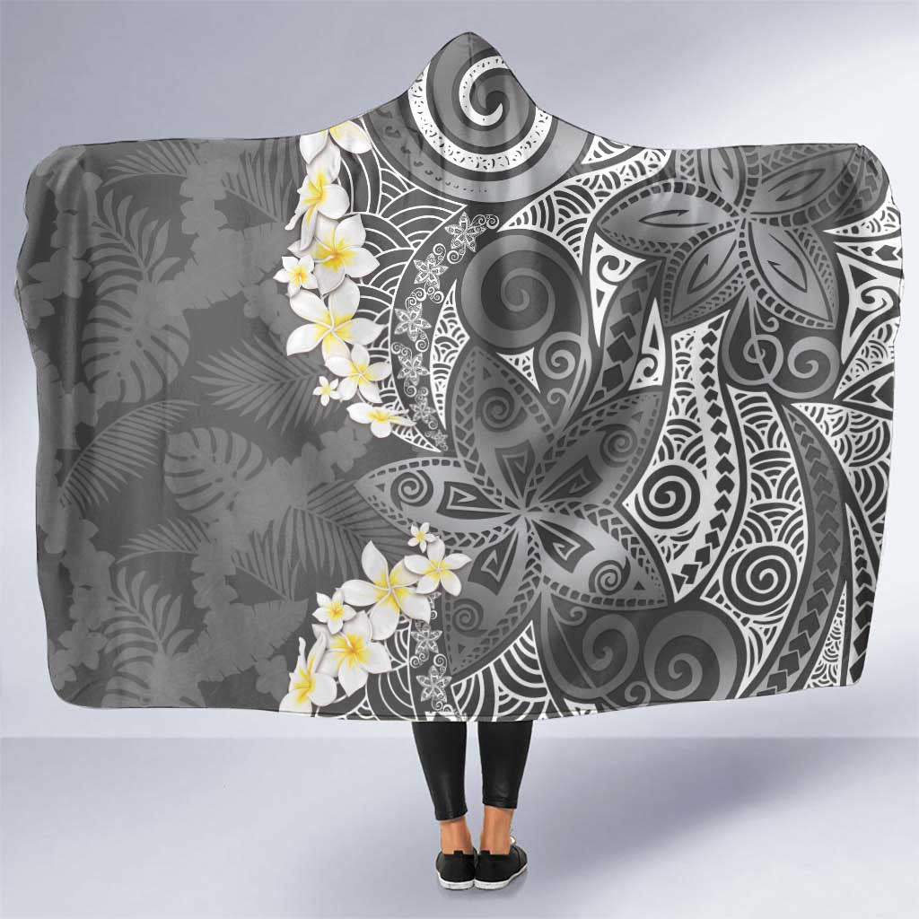 Gray Polynesian Tribal Frangipani Tropical Vibe Hooded Blanket