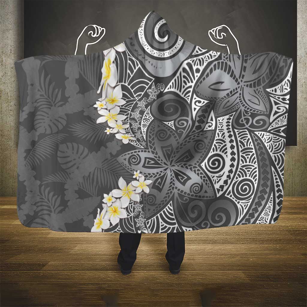 Gray Polynesian Tribal Frangipani Tropical Vibe Hooded Blanket