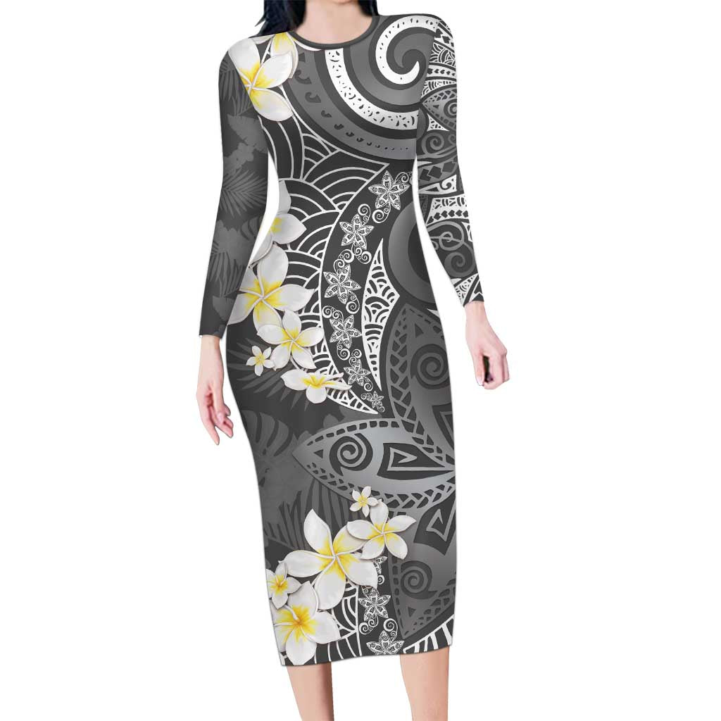 Gray Polynesian Tribal Frangipani Tropical Vibe Long Sleeve Bodycon Dress