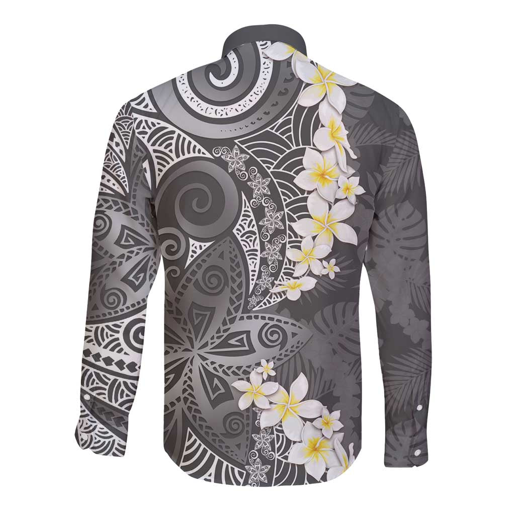 Gray Polynesian Tribal Frangipani Tropical Vibe Long Sleeve Button Shirt