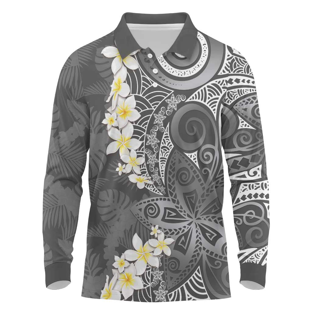 Gray Polynesian Tribal Frangipani Tropical Vibe Long Sleeve Polo Shirt LT14 Gray - Polynesian Pride