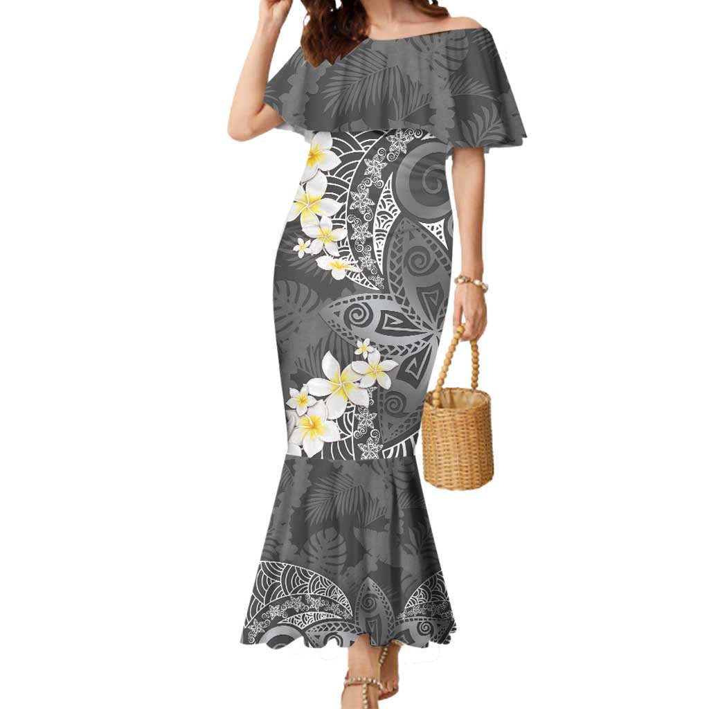 Gray Polynesian Tribal Frangipani Tropical Vibe Mermaid Dress