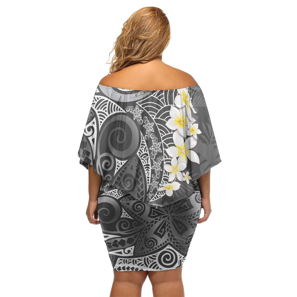 Gray Polynesian Tribal Frangipani Tropical Vibe Off Shoulder Short Dress