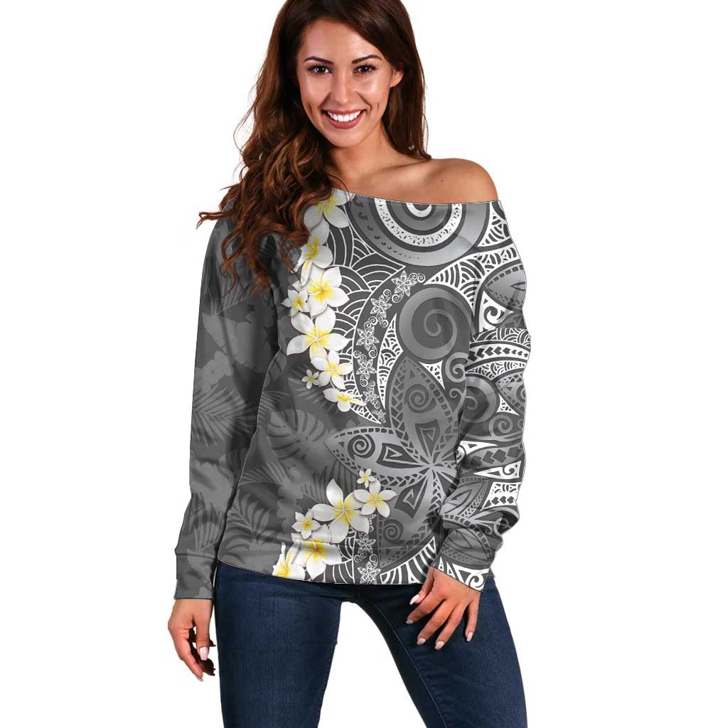 Gray Polynesian Tribal Frangipani Tropical Vibe Off Shoulder Sweater