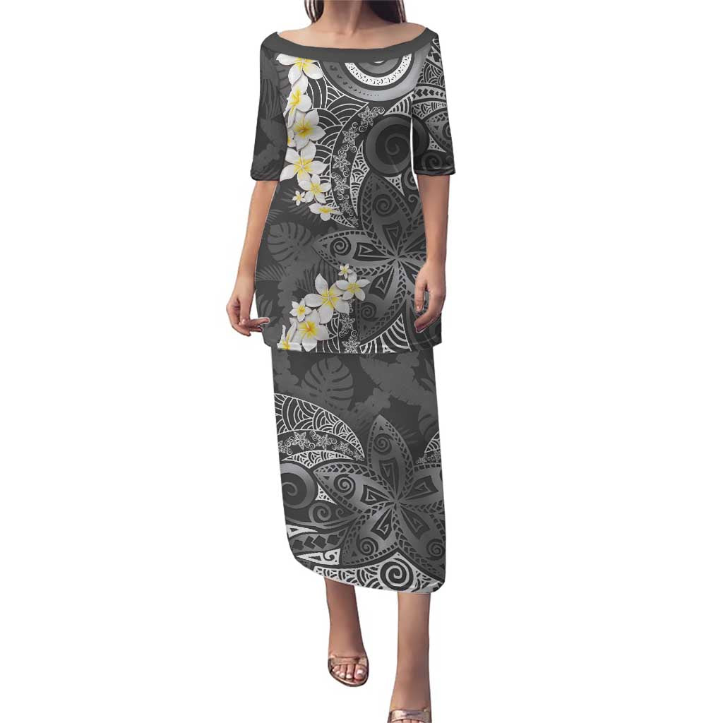 Gray Polynesian Tribal Frangipani Tropical Vibe Puletasi