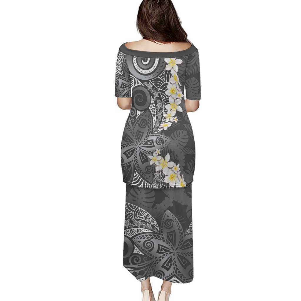 Gray Polynesian Tribal Frangipani Tropical Vibe Puletasi