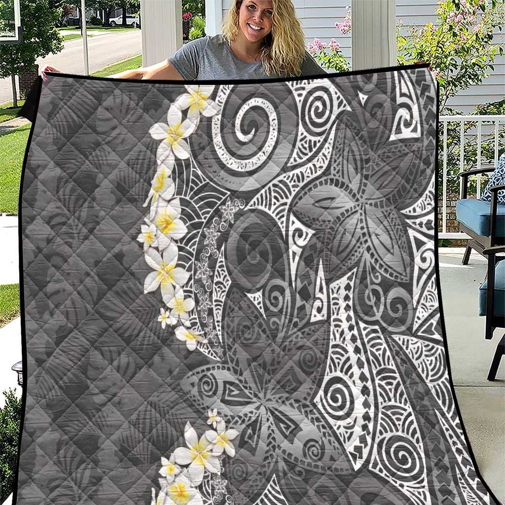 Gray Polynesian Tribal Frangipani Tropical Vibe Quilt