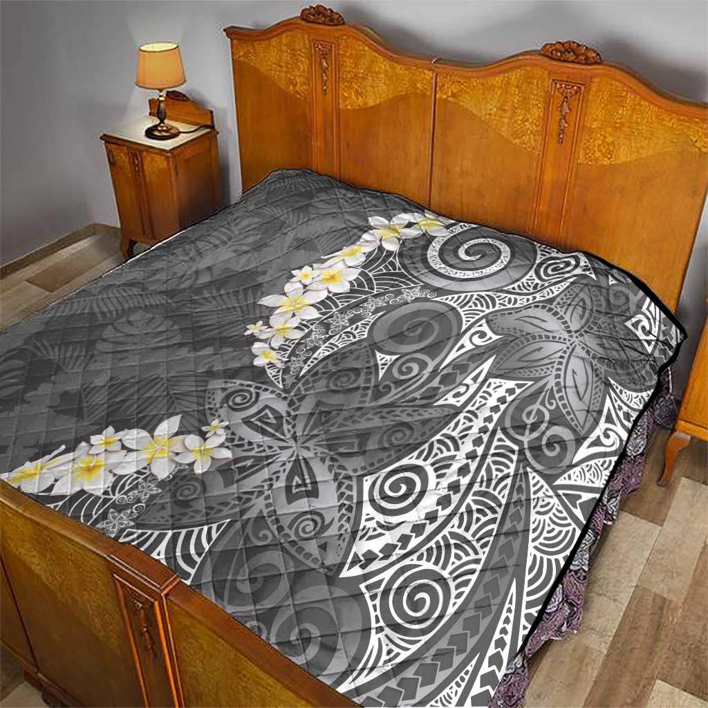 Gray Polynesian Tribal Frangipani Tropical Vibe Quilt