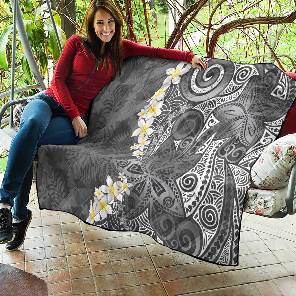 Gray Polynesian Tribal Frangipani Tropical Vibe Quilt