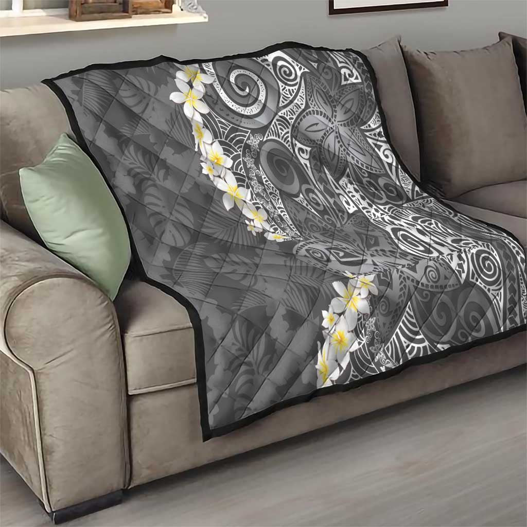 Gray Polynesian Tribal Frangipani Tropical Vibe Quilt
