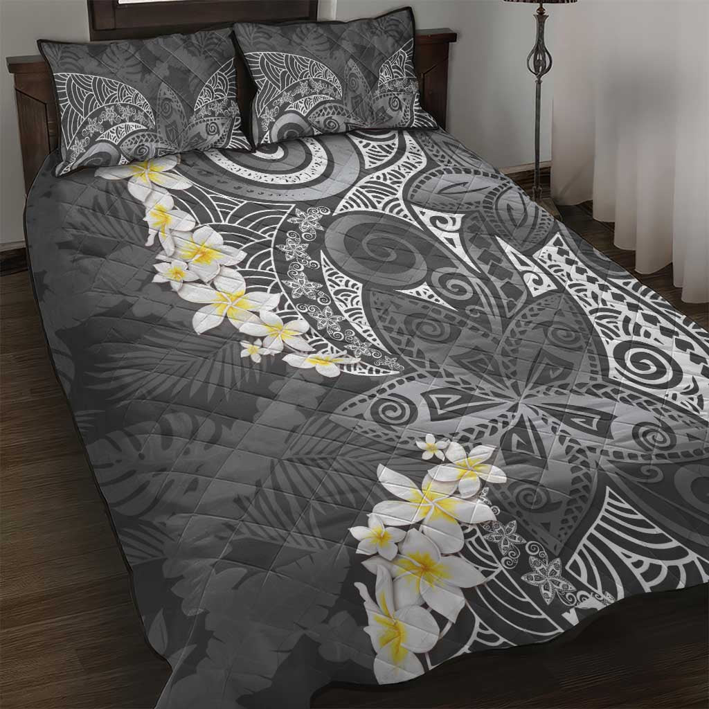 Gray Polynesian Tribal Frangipani Tropical Vibe Quilt Bed Set