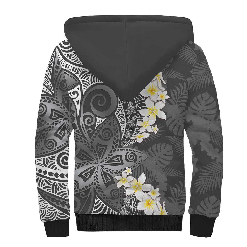 Gray Polynesian Tribal Frangipani Tropical Vibe Sherpa Hoodie