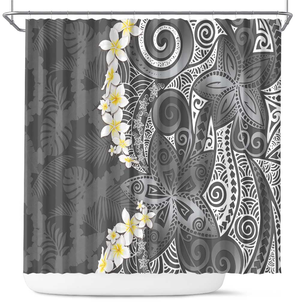 Gray Polynesian Tribal Frangipani Tropical Vibe Shower Curtain