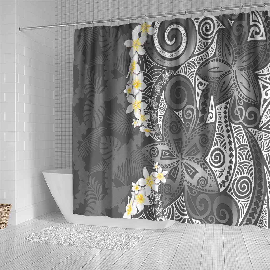 Gray Polynesian Tribal Frangipani Tropical Vibe Shower Curtain