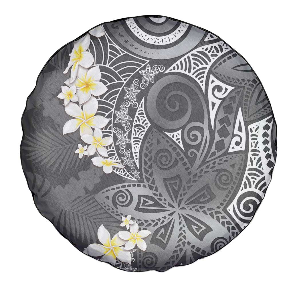 Gray Polynesian Tribal Frangipani Tropical Vibe Spare Tire Cover
