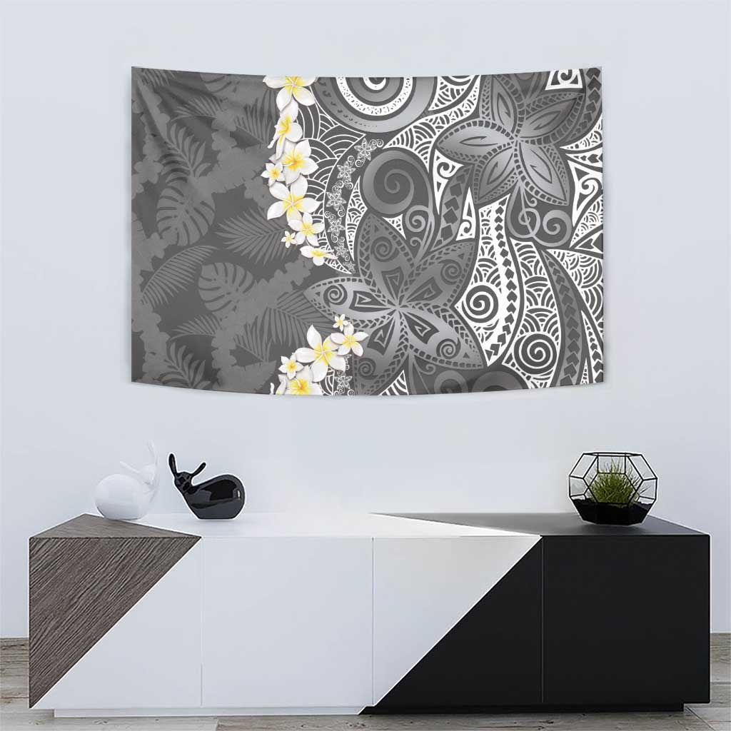 Gray Polynesian Tribal Frangipani Tropical Vibe Tapestry