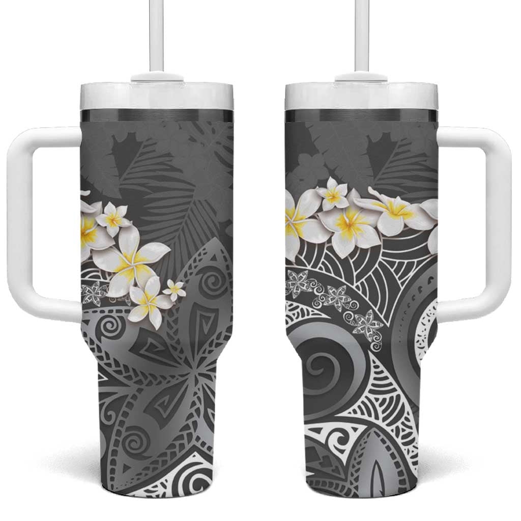 Gray Polynesian Tribal Frangipani Tropical Vibe Tumbler With Handle
