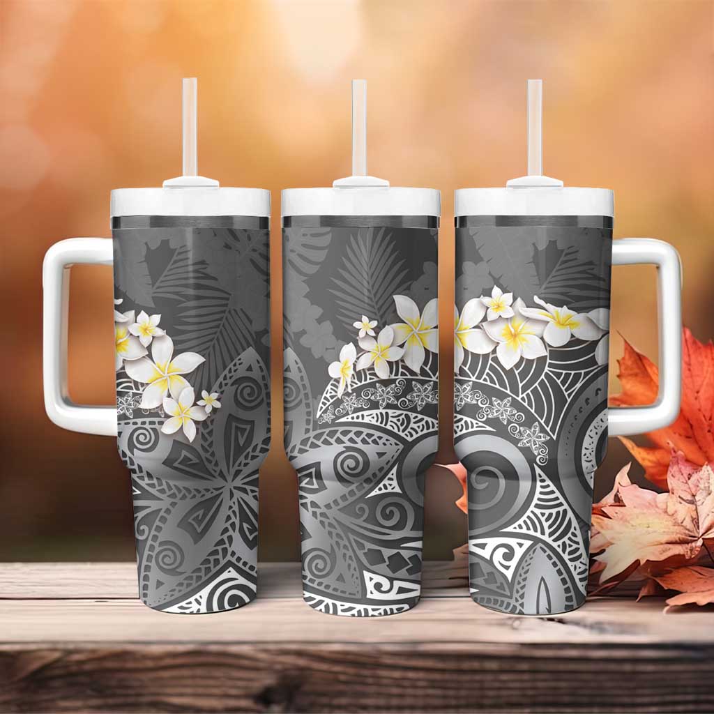 Gray Polynesian Tribal Frangipani Tropical Vibe Tumbler With Handle LT14 - Polynesian Pride