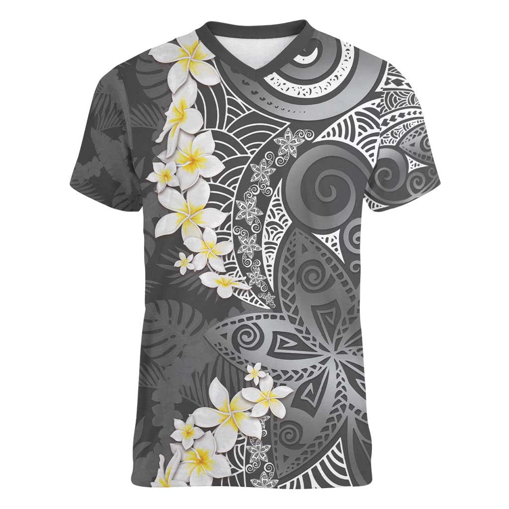 Gray Polynesian Tribal Frangipani Tropical Vibe Women V-Neck T-Shirt LT14 Female Gray - Polynesian Pride