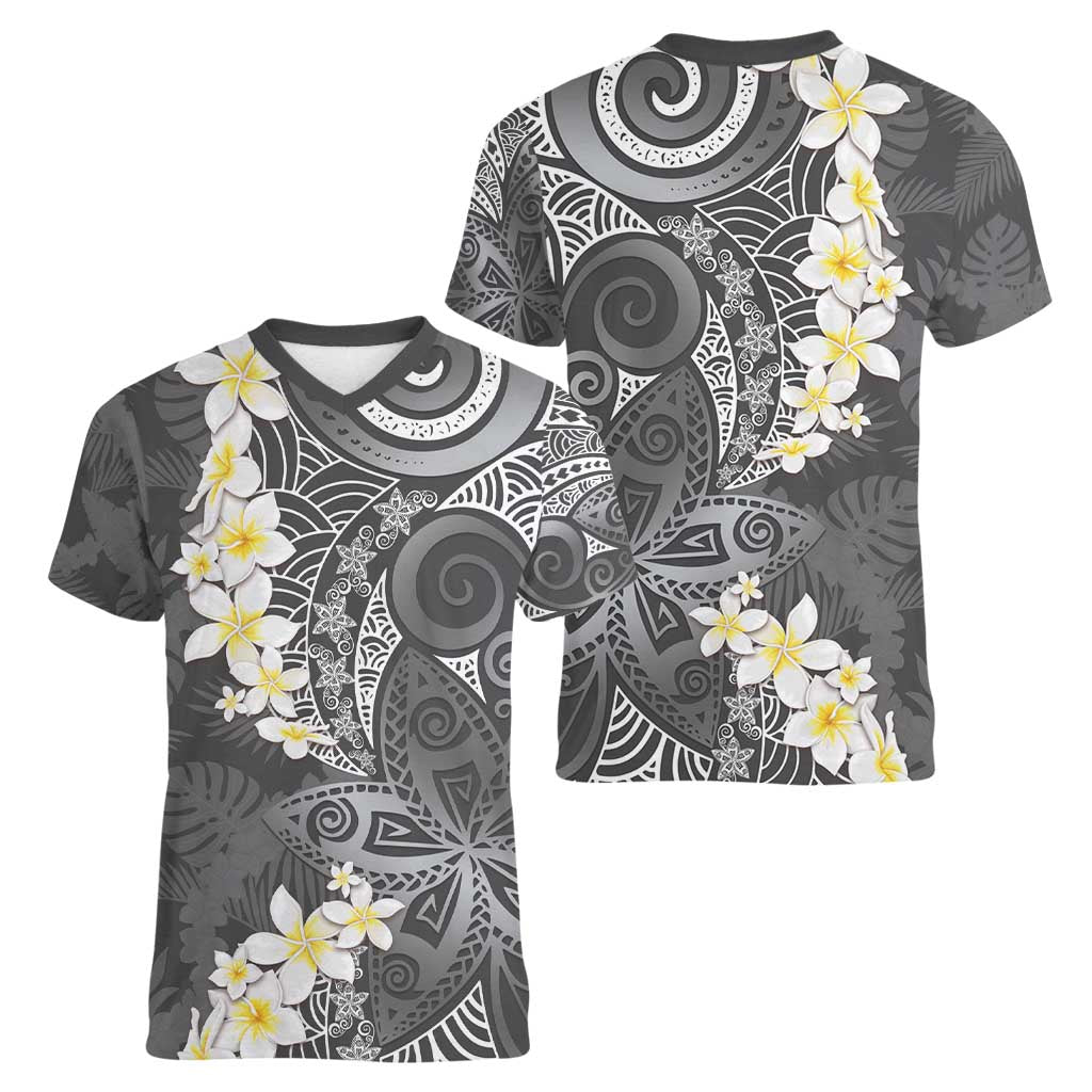 Gray Polynesian Tribal Frangipani Tropical Vibe Women V-Neck T-Shirt LT14 - Polynesian Pride