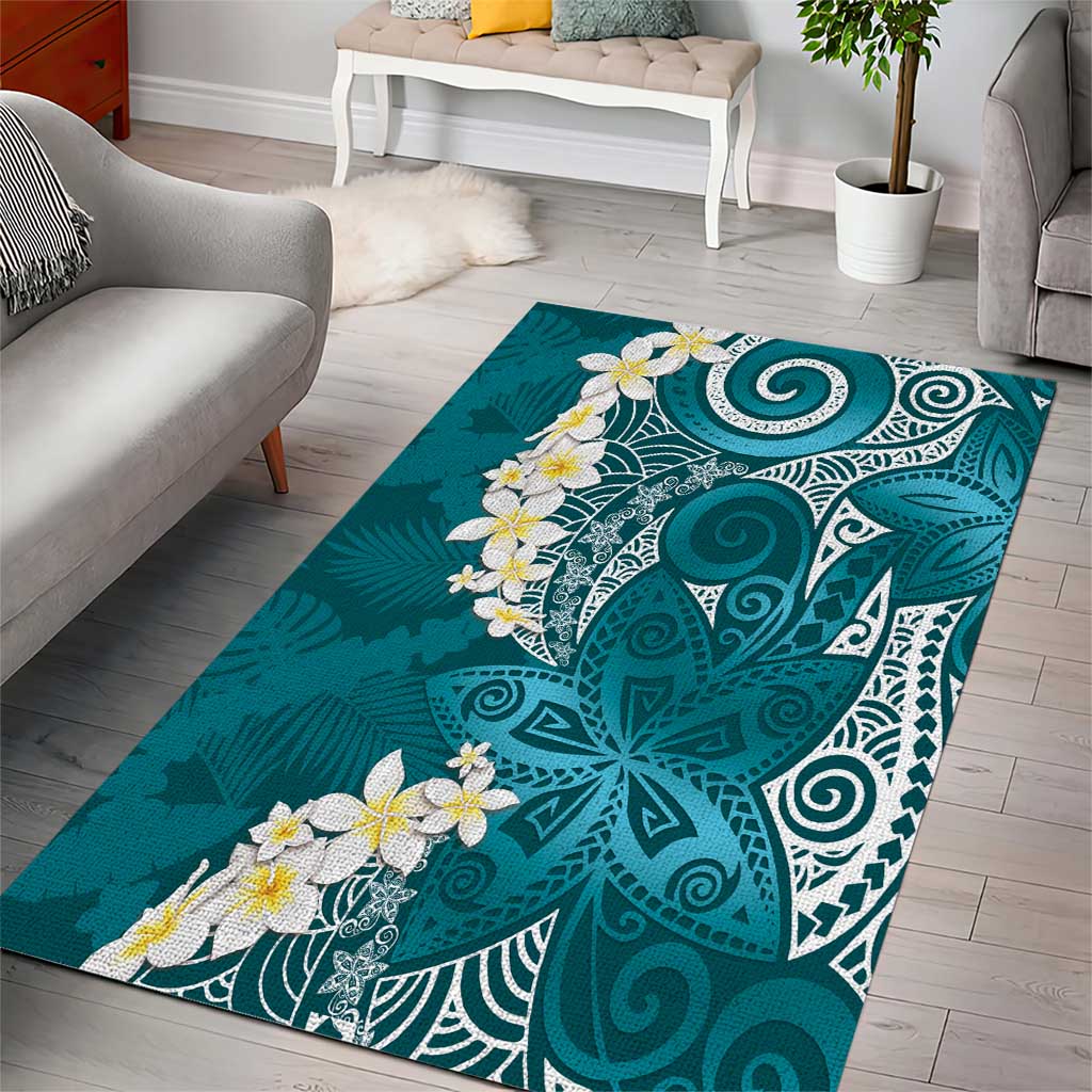 Cyan Polynesian Tribal Frangipani Tropical Vibe Area Rug