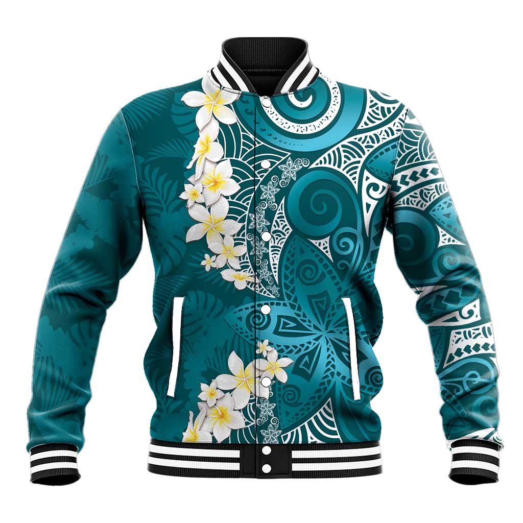 Cyan Polynesian Tribal Frangipani Tropical Vibe Baseball Jacket