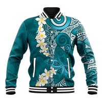 Cyan Polynesian Tribal Frangipani Tropical Vibe Baseball Jacket