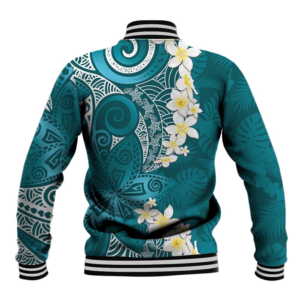Cyan Polynesian Tribal Frangipani Tropical Vibe Baseball Jacket