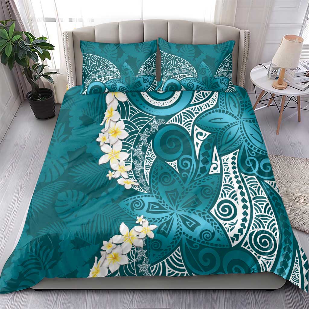 Cyan Polynesian Tribal Frangipani Tropical Vibe Bedding Set