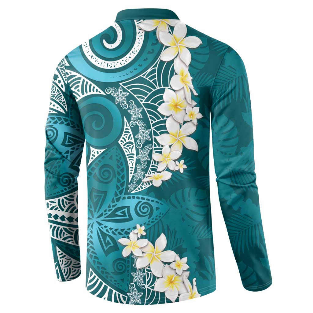 Cyan Polynesian Tribal Frangipani Tropical Vibe Button Sweatshirt
