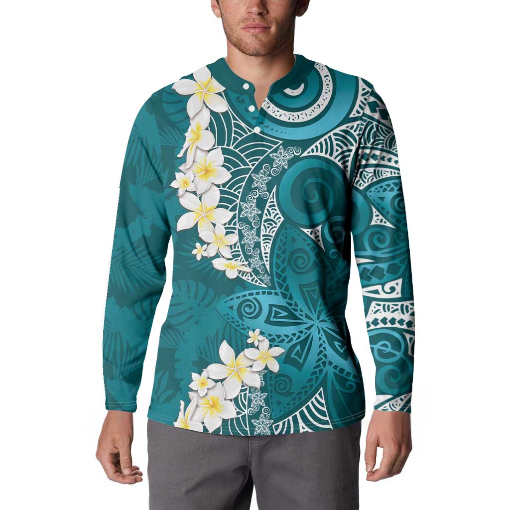 Cyan Polynesian Tribal Frangipani Tropical Vibe Button Sweatshirt