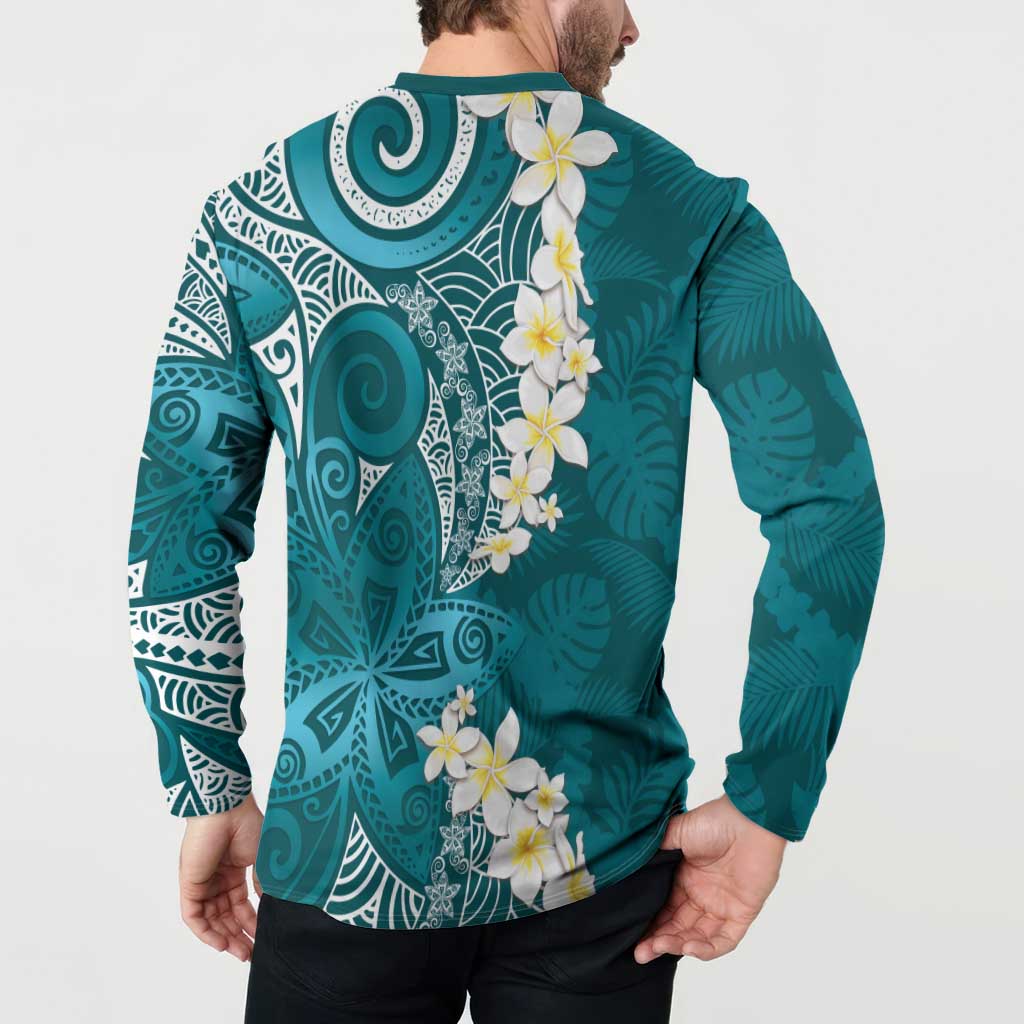 Cyan Polynesian Tribal Frangipani Tropical Vibe Button Sweatshirt