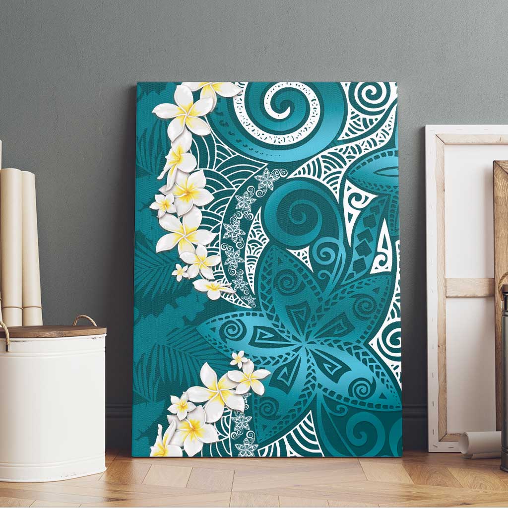 Cyan Polynesian Tribal Frangipani Tropical Vibe Canvas Wall Art