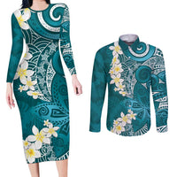 Cyan Polynesian Tribal Frangipani Tropical Vibe Couples Matching Long Sleeve Bodycon Dress and Long Sleeve Button Shirt LT14 Cyan - Polynesian Pride