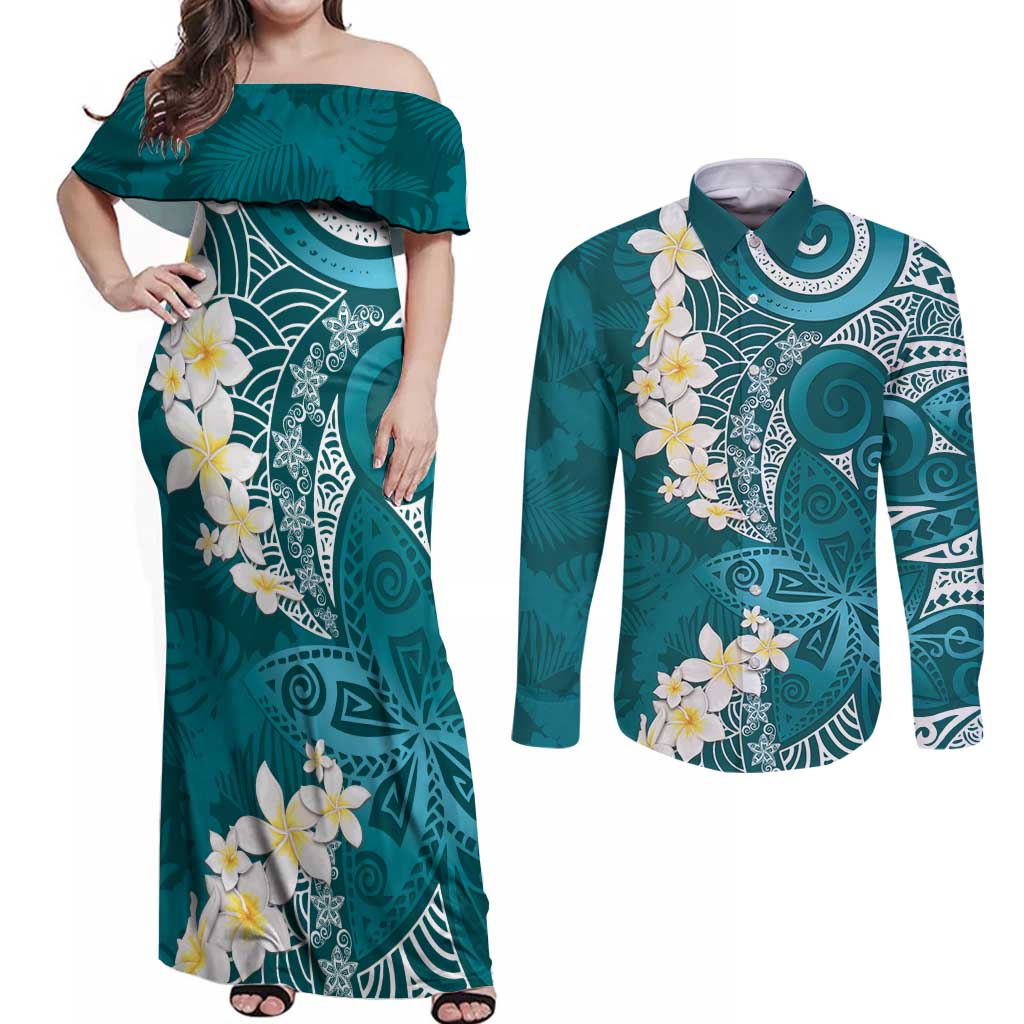 Cyan Polynesian Tribal Frangipani Tropical Vibe Couples Matching Off Shoulder Maxi Dress and Long Sleeve Button Shirt LT14 Cyan - Polynesian Pride
