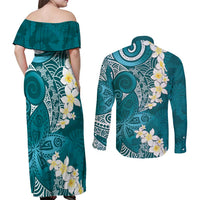 Cyan Polynesian Tribal Frangipani Tropical Vibe Couples Matching Off Shoulder Maxi Dress and Long Sleeve Button Shirt LT14 - Polynesian Pride