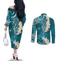 Cyan Polynesian Tribal Frangipani Tropical Vibe Couples Matching Off The Shoulder Long Sleeve Dress and Long Sleeve Button Shirt LT14 - Polynesian Pride