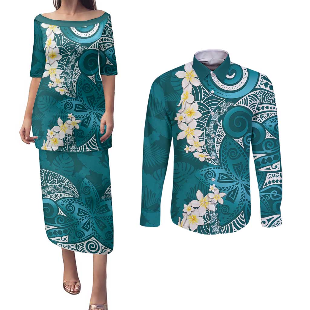 Cyan Polynesian Tribal Frangipani Tropical Vibe Couples Matching Puletasi and Long Sleeve Button Shirt LT14 Cyan - Polynesian Pride