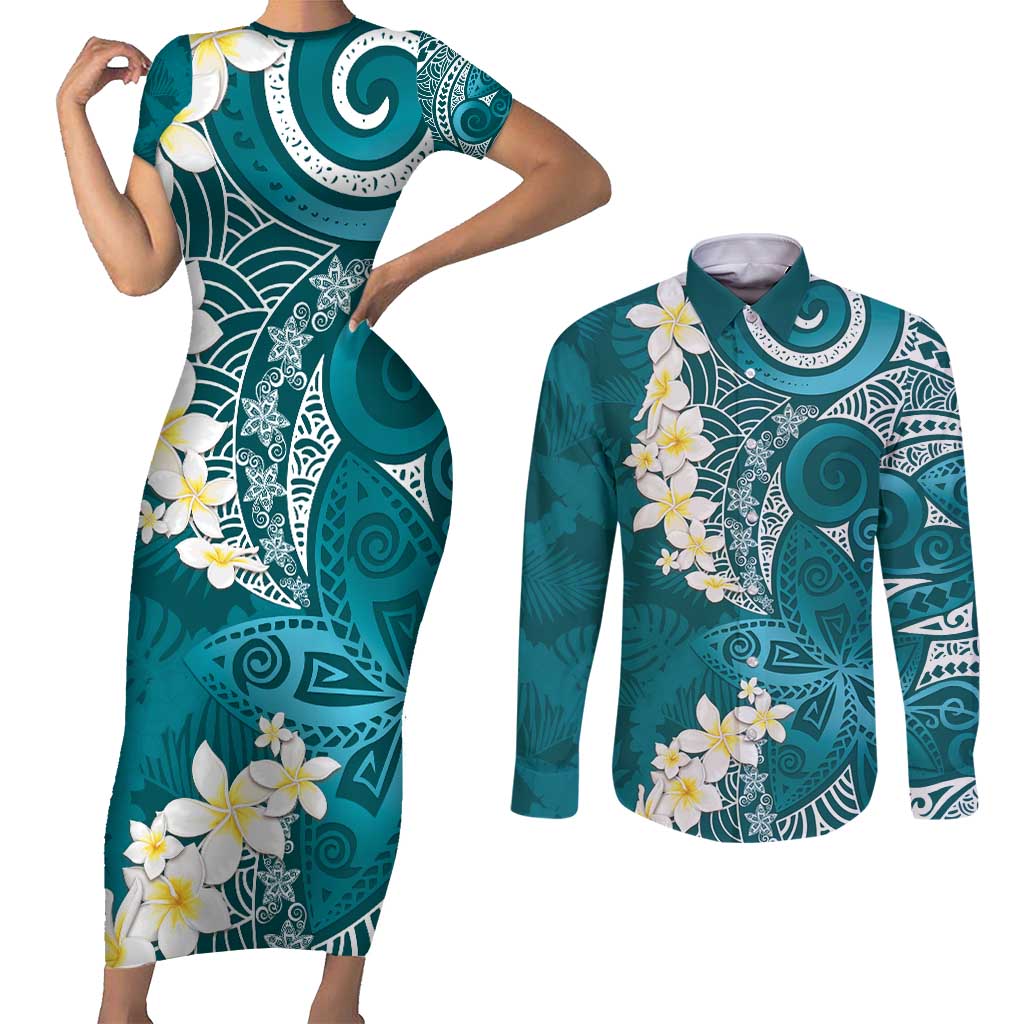 Cyan Polynesian Tribal Frangipani Tropical Vibe Couples Matching Short Sleeve Bodycon Dress and Long Sleeve Button Shirt LT14 Cyan - Polynesian Pride