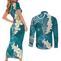 Cyan Polynesian Tribal Frangipani Tropical Vibe Couples Matching Short Sleeve Bodycon Dress and Long Sleeve Button Shirt LT14 - Polynesian Pride