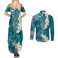 Cyan Polynesian Tribal Frangipani Tropical Vibe Couples Matching Summer Maxi Dress and Long Sleeve Button Shirt LT14 - Polynesian Pride