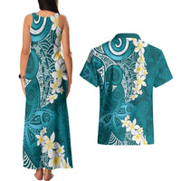 Cyan Polynesian Tribal Frangipani Tropical Vibe Couples Matching Tank Maxi Dress and Hawaiian Shirt